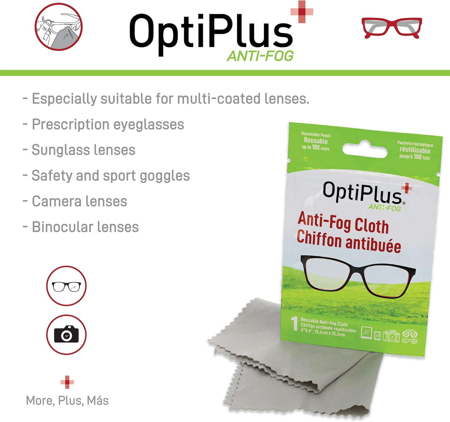 OptiPlus Anti Fog Cloth for Eyeglasses, Goggles, and Shields | Premium Reusable Anti-Fog Treatment | 1 Cloth 100 uses | Anti-Fog for All Lenses