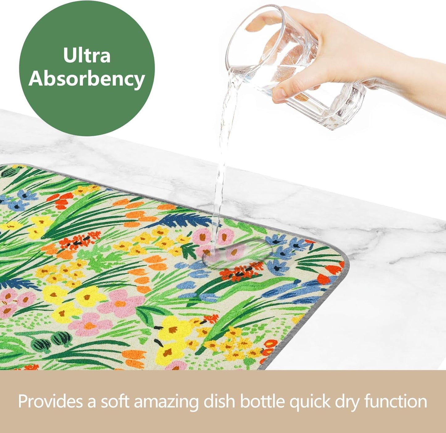 SHIYUE Dish Drying Mat for Kitchen Counter Super Absorbent Spring Kitchen Decor Microfiber Drying Matainers Rack Fast Pad Dish Drainer Mats(Cute Colorful Flowers,16''x18'')