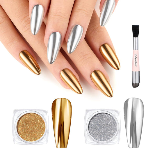 Beetles Gold Chrome Nail Powder, 2 Colors Holographic Chrome Powder Mirror Effect with Nail Brush for DIY Gel Polish Manicure Nail Decoration Glitter