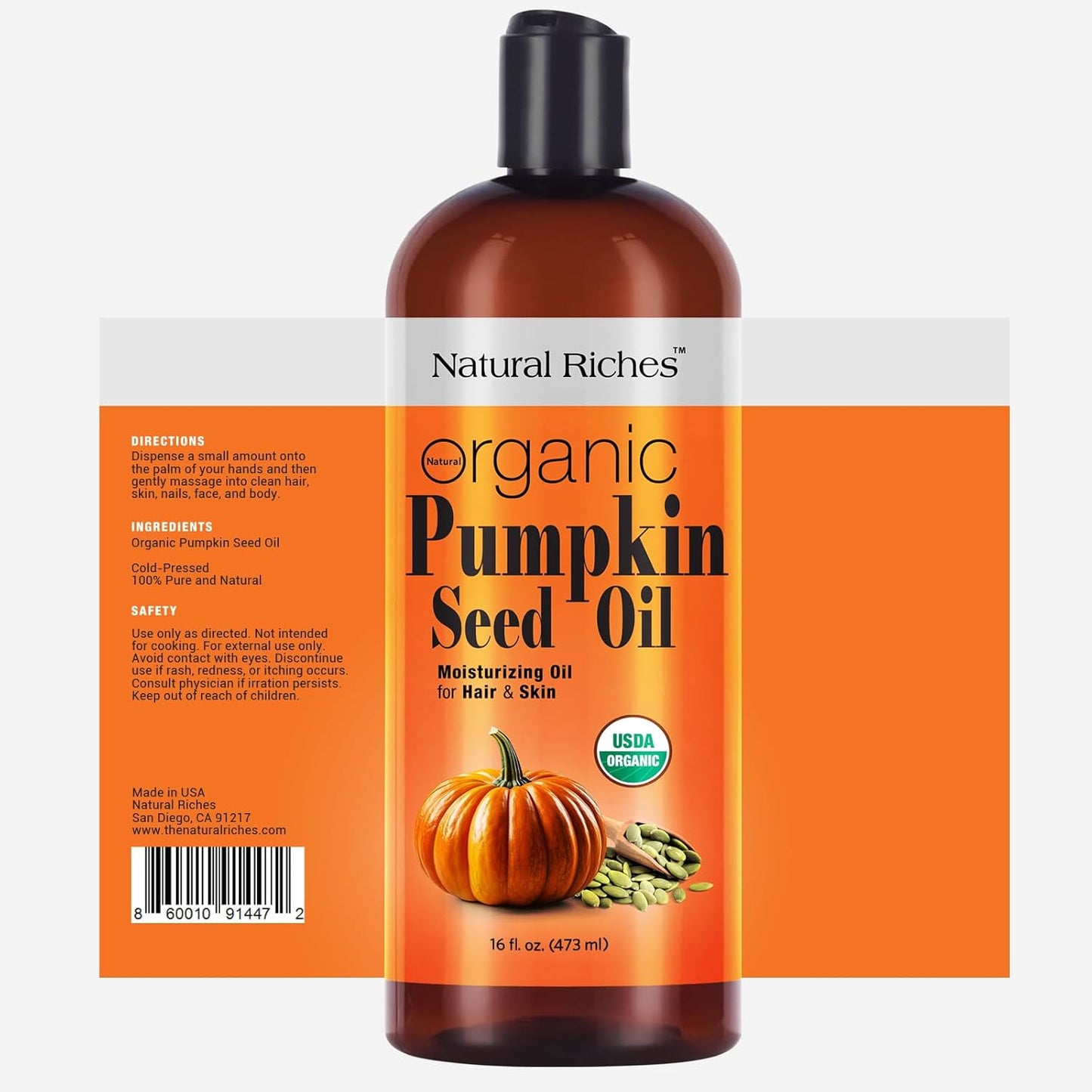 Natural Riches Pumpkin Seed Oil USDA Certified Organic Moisturizer 16oz Pure and Natural Carrier Oil Unrefined, Cold Pressed, Face, Hair, Body & Skin Care Eyelashes,