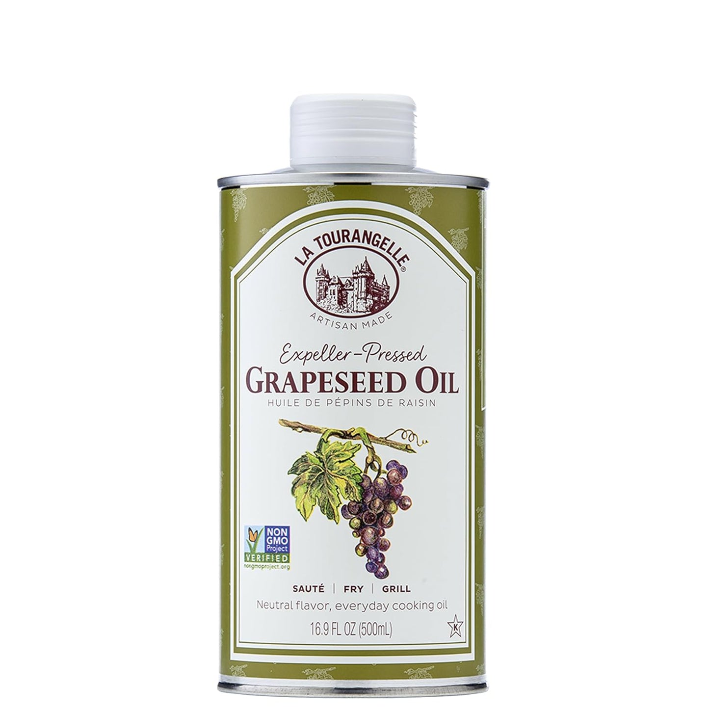 La Tourangelle, Expeller-Pressed Grapeseed Oil, High Heat Neutral Cooking Oil, Cast Iron Seasoning, Also Great for Skin, Hair, and DIY Beauty Recipes, 16.9 fl oz