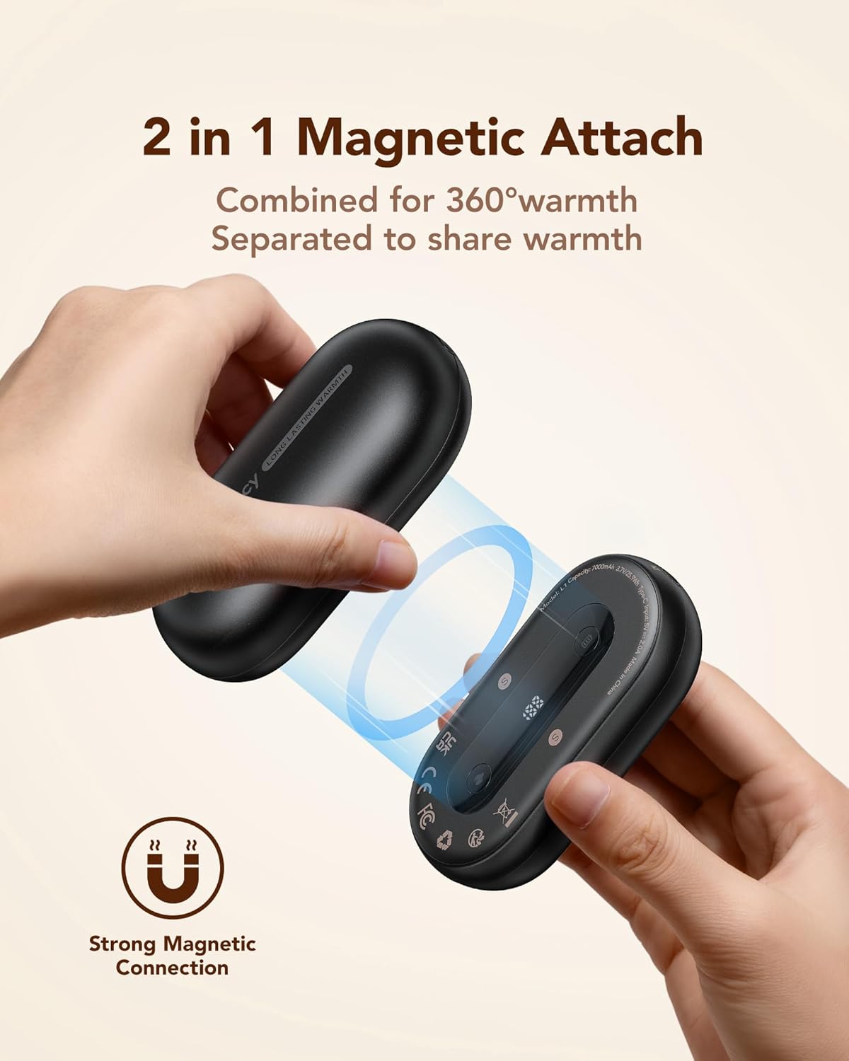 Hand Warmers Rechargeable 2 Pack, Magnetic Alloy Handwarmer 7000 mAh Reusable, Instant Heating UP to 131°F, 15 Hours Long Lasting Palm Pocket Heater, Gifts Packing for Christmas,Hunting,Camping,Golf