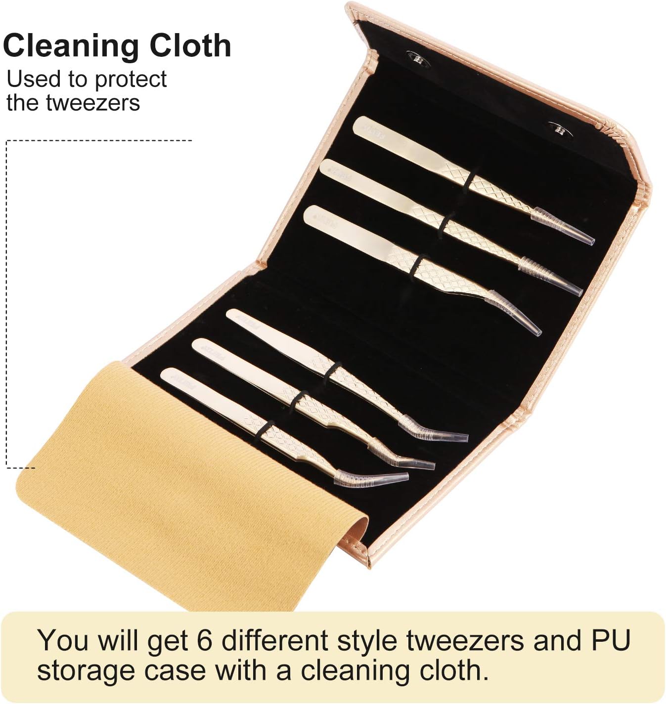 FEITA Eyelash Extension Tweezer Set Gold Lash Applicator Tool - Precision Lashes Diamond Grip Tweezers for 2D-6D Volume & Individual Eyelashes Extensions Supplies (6Pcs)