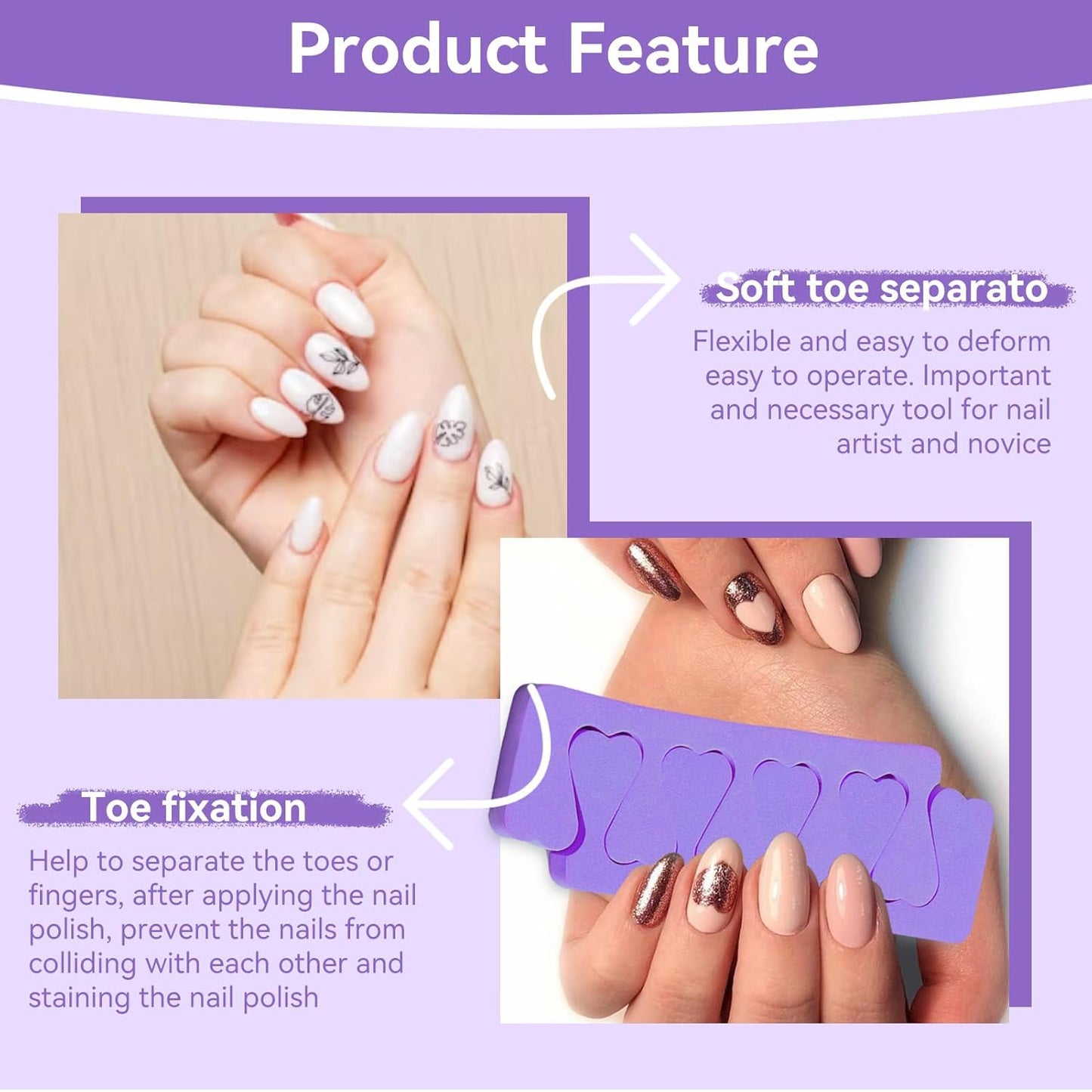 100PCS Sponge Toe Separator, Soft Toe Spreader Nail Art Finger Separator Divider Spacer Manicure Pedicure Tool for Nail Polish (Purple)
