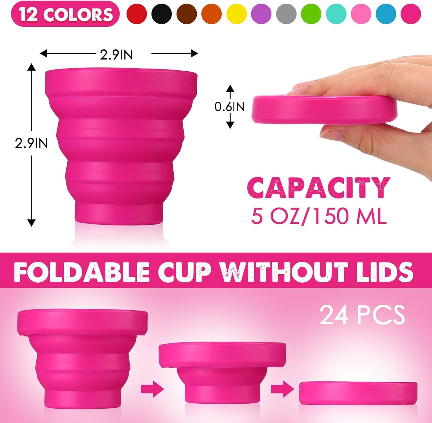 Umigy Silicone Collapsible Cup Without Lids Travel Portable Foldable Cup Colorful Reusable Collapsible Shot Cup Expandable Drinking Cup for Kids Traveling Outdoor Hiking, 12 Colors