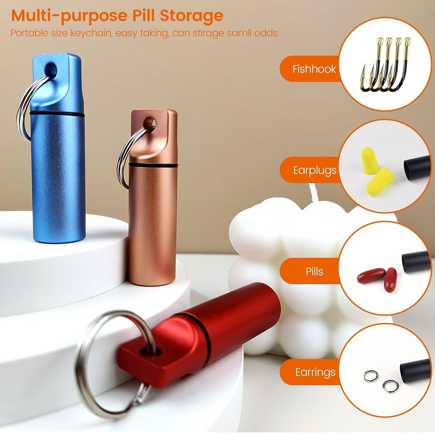 Small Pill Organizer Box Waterproof Keychain Pill Holder Portable Travel Pill Container Metal Case with Keyring for Outdoor Camping Travel