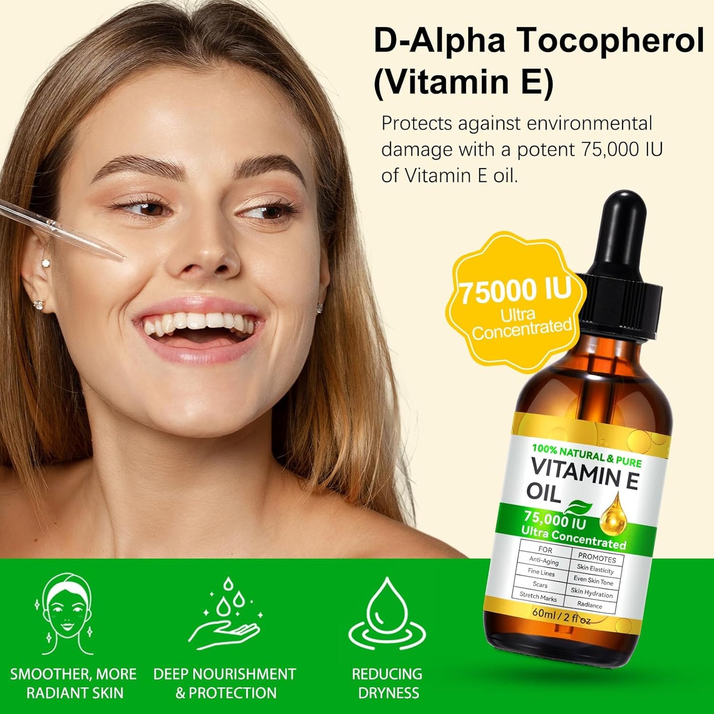 Tiuedu 2PCS Natural Vitamin E Oil for Skin, 75,000 IU Ultra Concentrated Vitamin E Oil for Face, Hair and Scars, Moisturizing Dry Skin Oils, Promotes Skin Elasticity