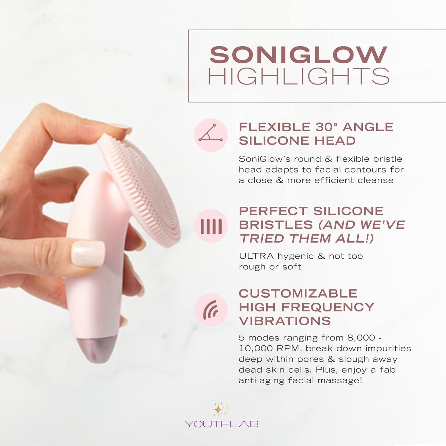 SoniGlow Silicone Facial Cleansing Brush – Electric Vibrating Skincare Scrubber Tool for Deep Pore Cleansing, Gentle Massage, Makeup Removal, Waterproof and Rechargeable (Pink)