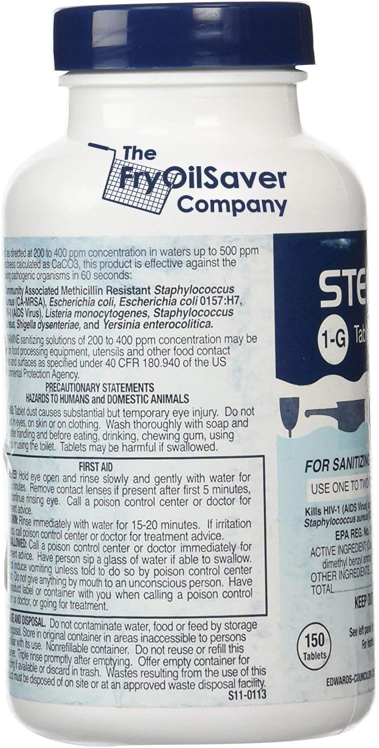 1 Bottle Steramine Sanitizer Tablets - Multi Purpose Steramine Sanitizing Tablets for Food Contact Surfaces, Bar, Hotel Kitchen, Busy Diners, Restaurants & FoodTrucks by FryOilSaver (150 Count)