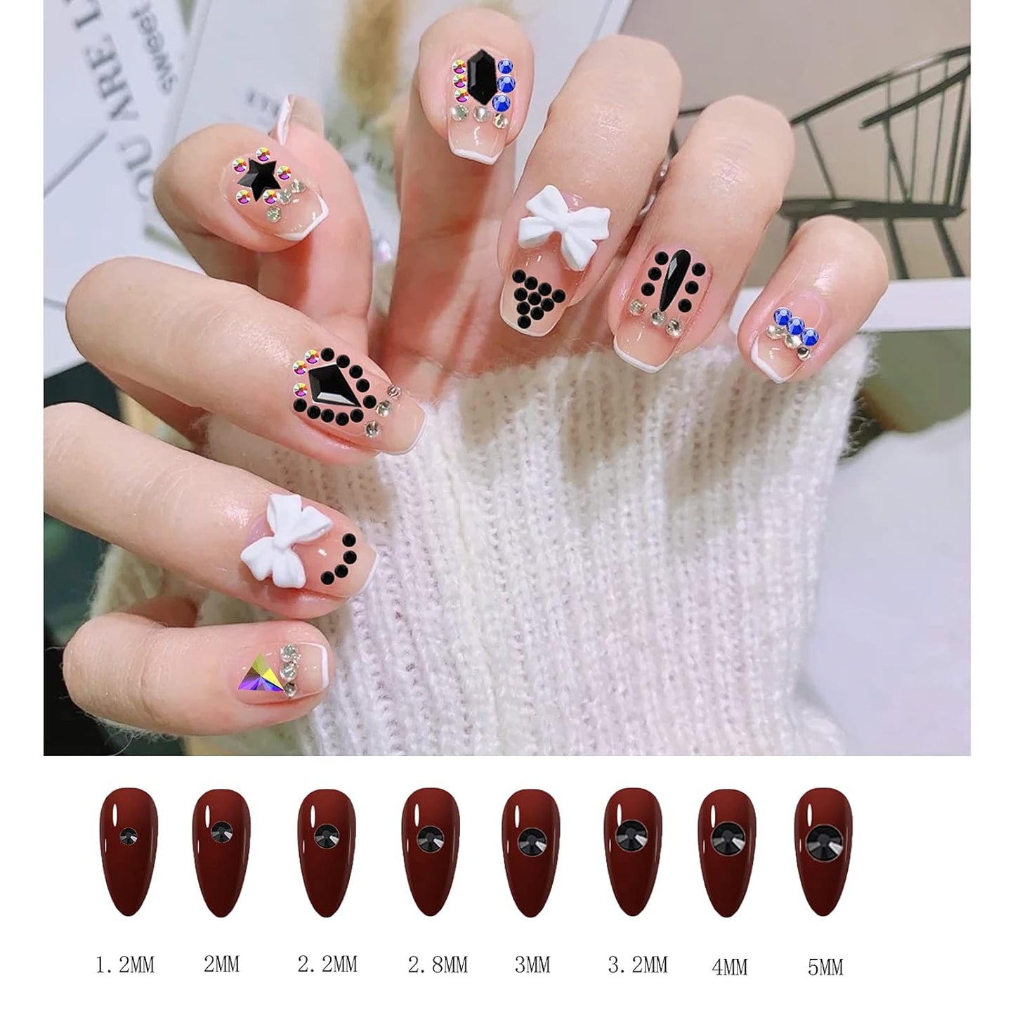 3100Pcs Flat Back Rhinestones for Nails, HOINCO Black Rhinestones for Nails, Mix 20 Styles Flatback Rhinestone/Gems, 600 Diamonds + 2500 Round Rhinestones Beads for Nail Crafts with Tweezers Pen