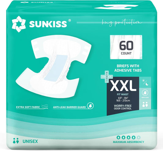 SUNKISS TrustPlus Adult Diapers with Maximum Absorbency, Unisex Disposable Incontinence Briefs with Tabs for Men and Women, Odor Control, XXLarge, 60 Count (4 Packs of 15)