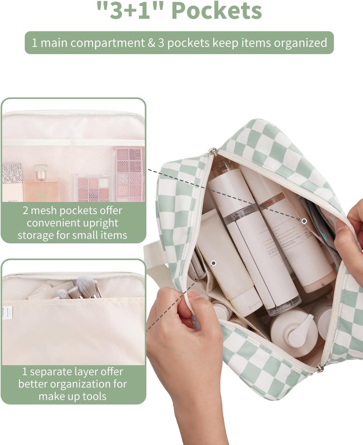 Narwey Large Checkered Travel Toiletry Bag Women Toiletries Bag Skincare Bag Makeup Bag with Handle Make up bag Organizer Cosmetic Bag Medicine Bag for Girls (Mint Green Checkerboard, Large)
