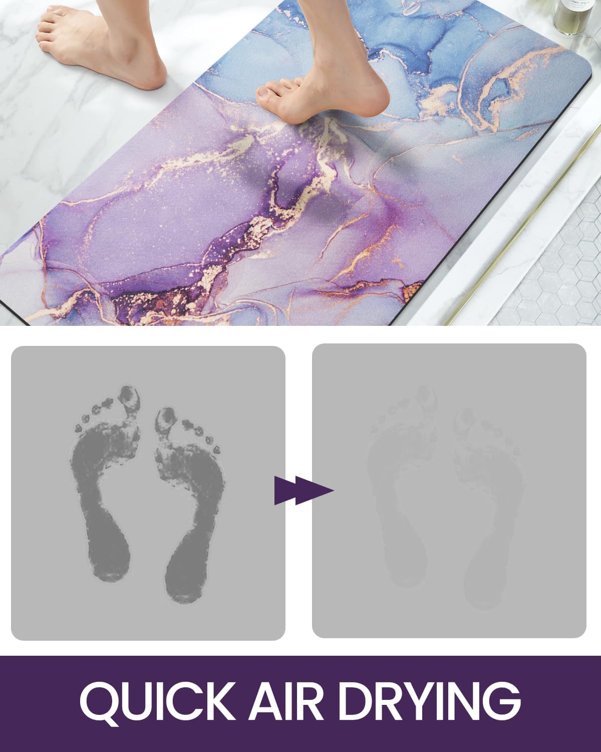 DEXI Bathroom Mat Ultra Thin, Non Slip Bath Rug for Shower Floor, Absorbent Quick Dry Marble Bathmats Low Profile, 17x32, Blue and Purple