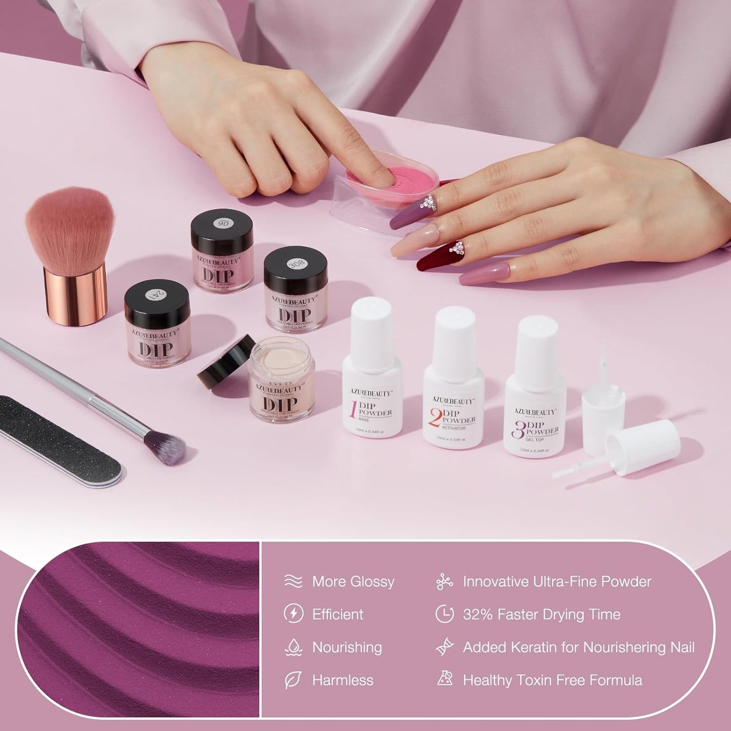 31Pcs Dip Nails Powder Starter Kit, AZUREBEAUTY 20 Colors Purple Blue Glitter Dipping Powder Recycling Tray Liquid Set with Base Top Coat Activator for French Nails Art Manicure DIY Home Salon