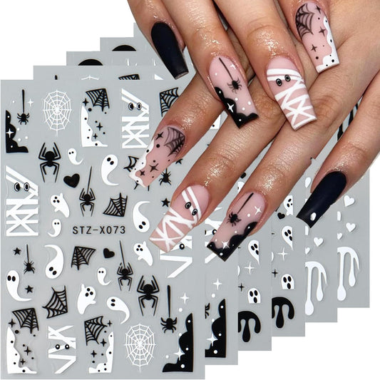 Halloween Nail Stickers 3D Self Adhesive Nail Art Stickers Ghost Nail Decals Spider Web French Tips Heart Flame Black White Design Spider Nails Sticker for Nails Art for Women DIY Manicure 6 Sheets