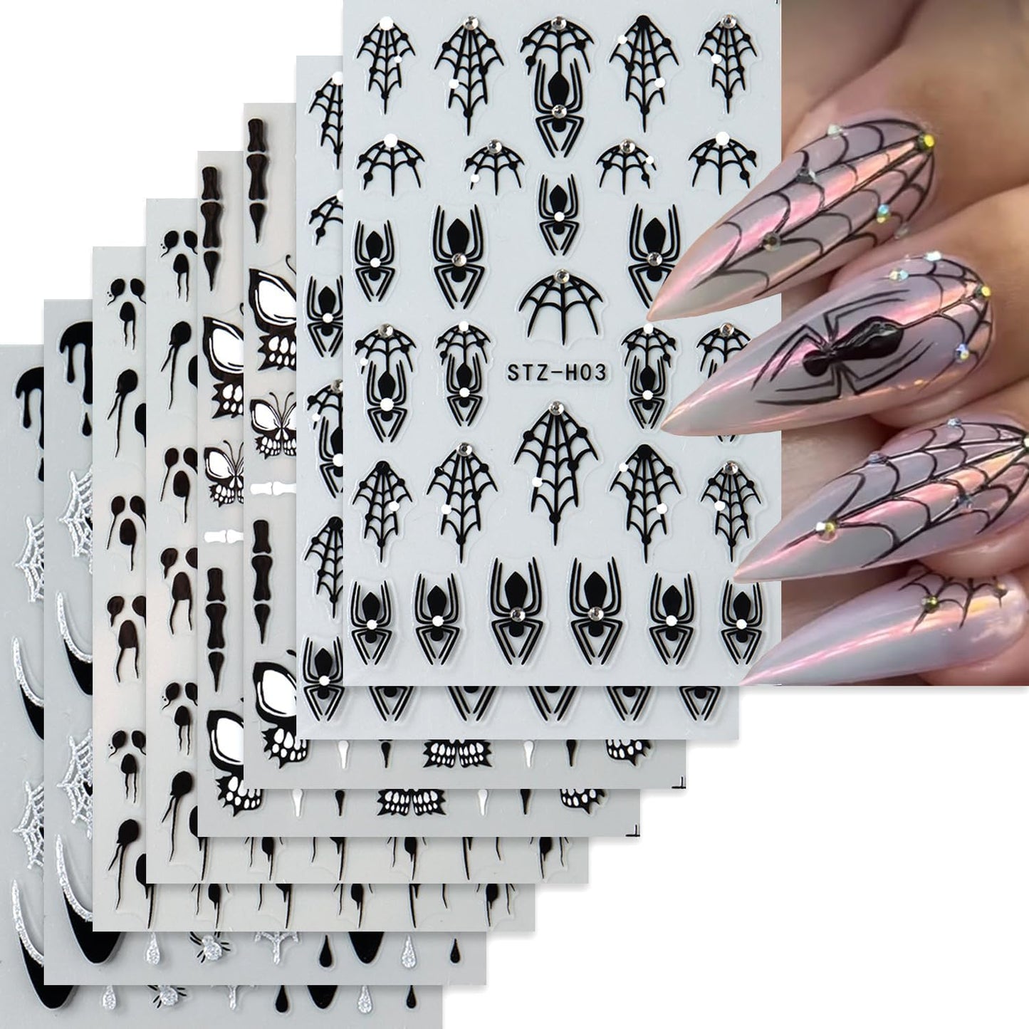 8 Sheets Black Halloween Nail Art Stickers Decals Spider Web Nails Sticker with Rhinestones Design Skeleton Blood Drop French Tip Nails Decals Self-Adhesive Butterfly Nail Art Decal Halloween Decor