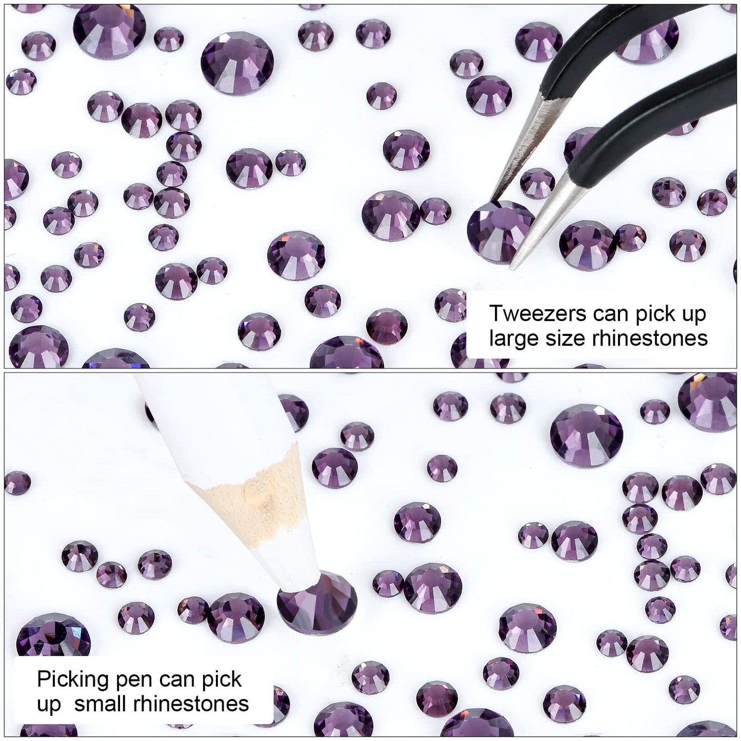 4240Pcs Flatback Purple Rhinestones Glass Crystal Gemstones for Nail Art Face Makeup Bling Round with Tweezers and Picking Pen (SS6~SS20 Set)