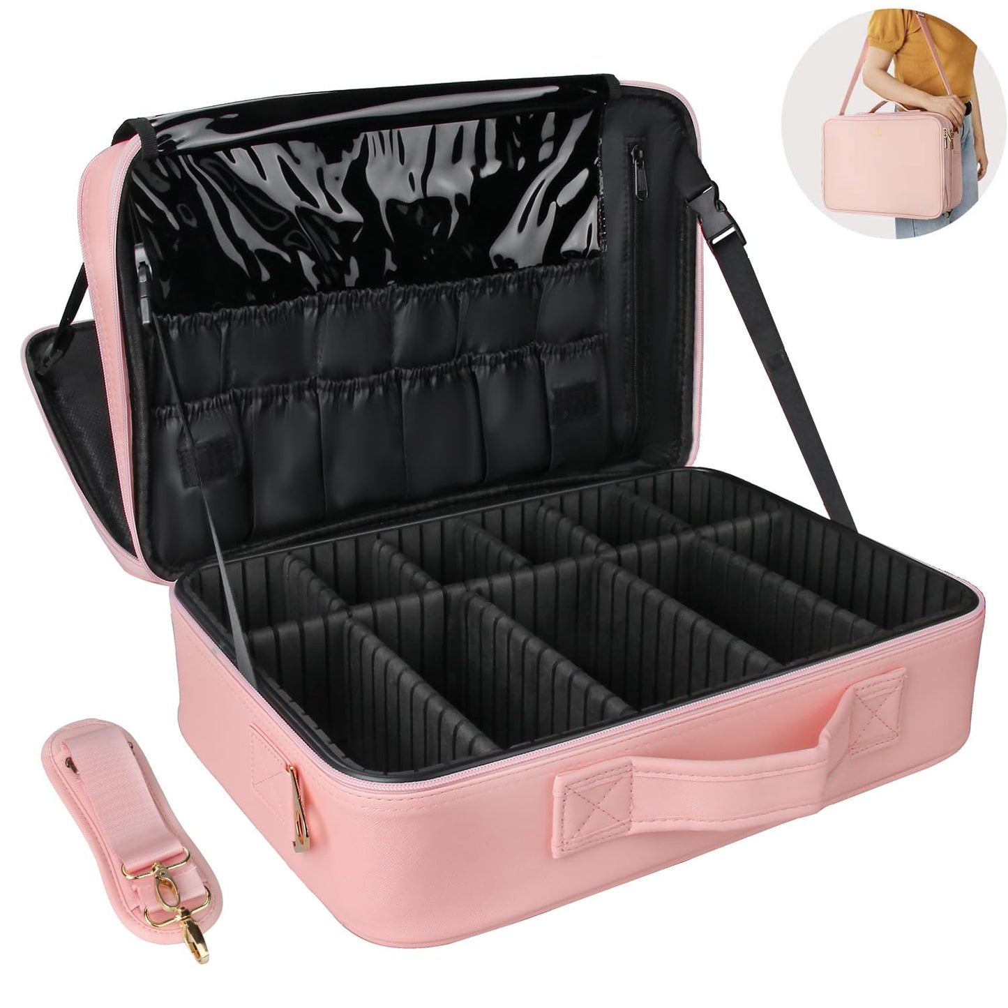 MONSTINA Cosmetic Bags 3 Layer Cosmetic Organizer Makeup Case Beauty Artist Storage Brush Box with Shoulder Strap (Large, PU Leather pink)