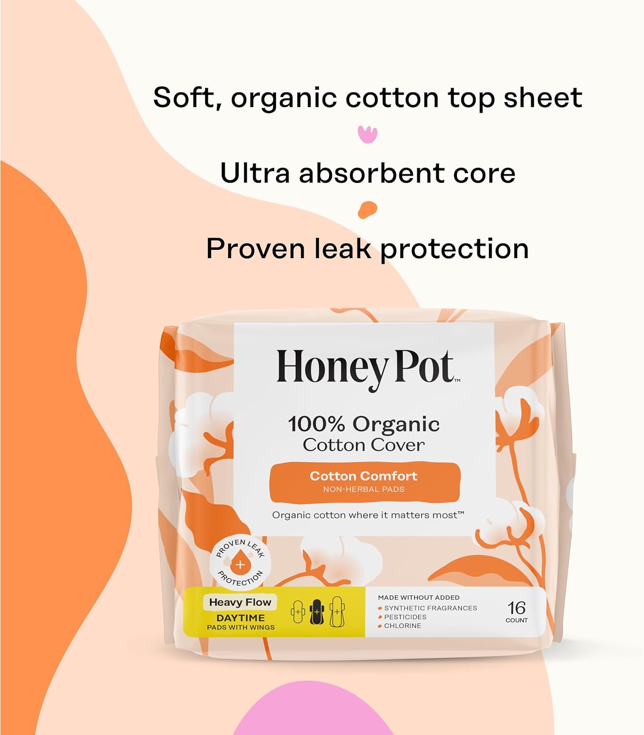 The Honey Pot Company - 64ct - Sanitary Pads for Women - Non-Herbal Heavy Flow Daytime w/Wings - Organic Cotton Cover & Ultra-Absorbent Core - Feminine Care
