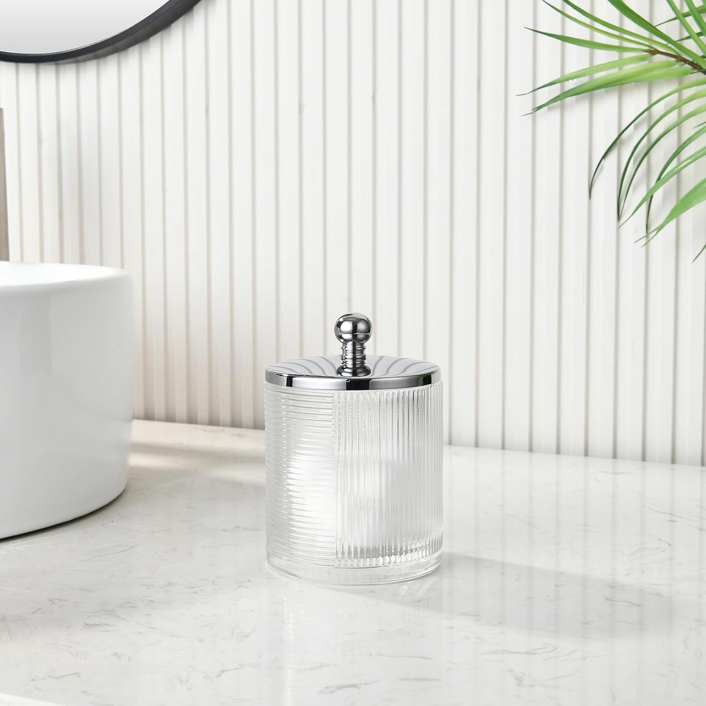 Glass Cotton Jar Holder Silver Lid, Elegant Bathroom Storage Canister for Qtips, Cotton Balls, Floss, Makeup Organizer, Vanity Bathroom Organization