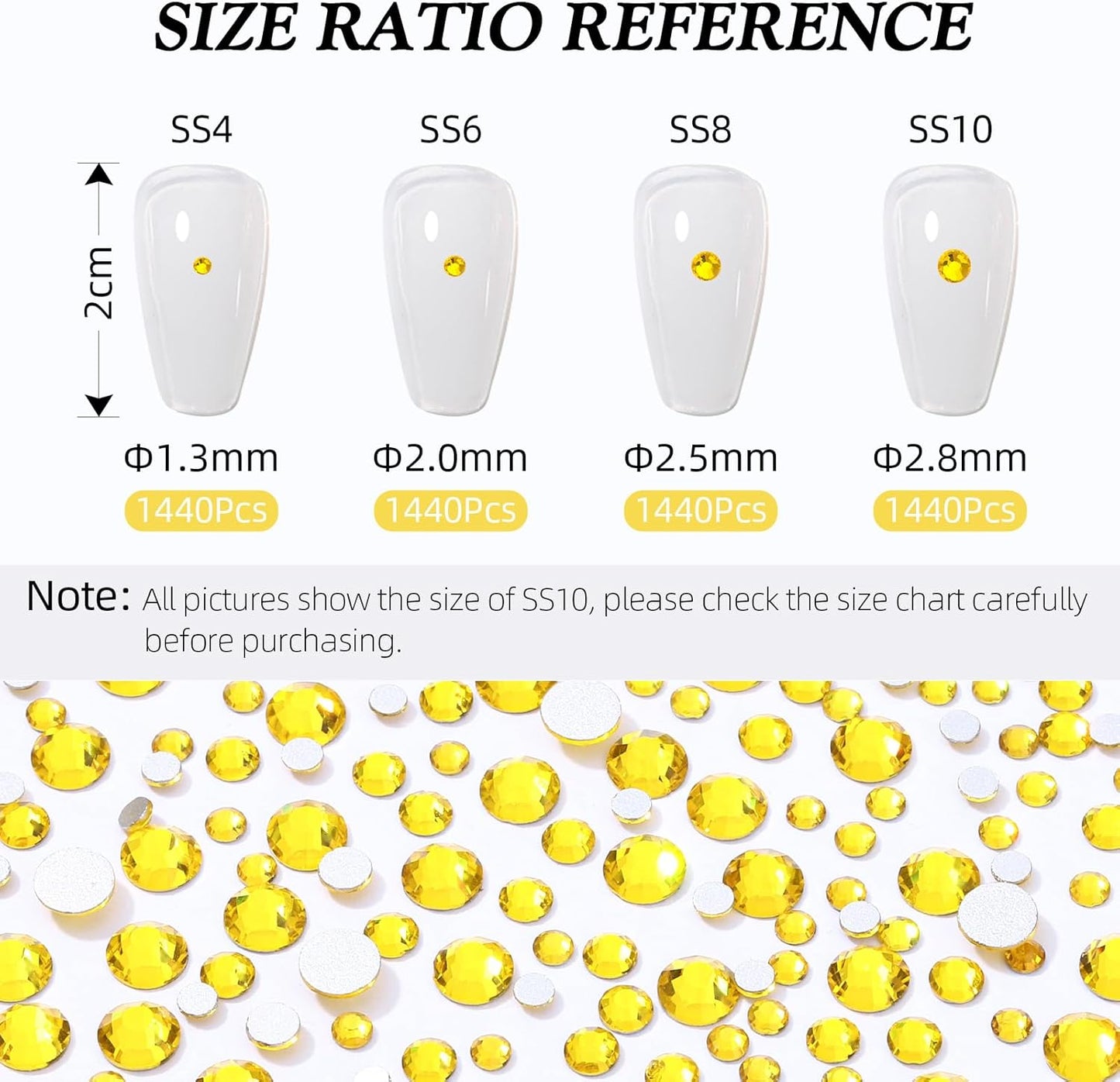 Citrine Flatback Rhinestones, Glass Rhinestones for Nail Art and Craft, Glue Fix, Loose Crystal Gemstones(Yellow, SS8, 1440pcs, 2.3-2.5mm)