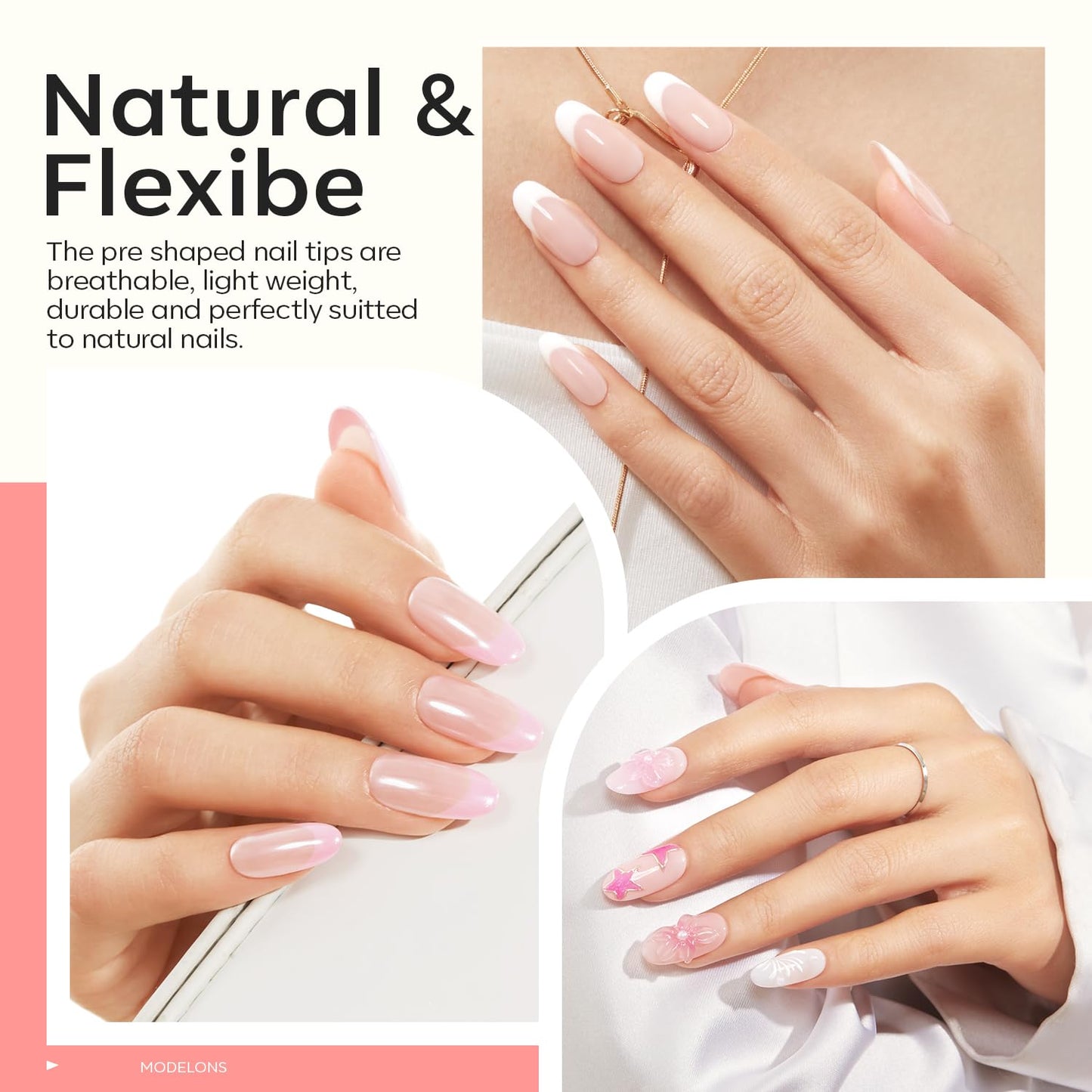 modelones Medium Oval Gel Nail Tips Kit, 9-in-One Nail Glue with Portable U V Lamp 216Pcs 12Sizes Pre-Etched Round Press ons Fake Acrylic Extension Kit DIY Salon Gift for Women