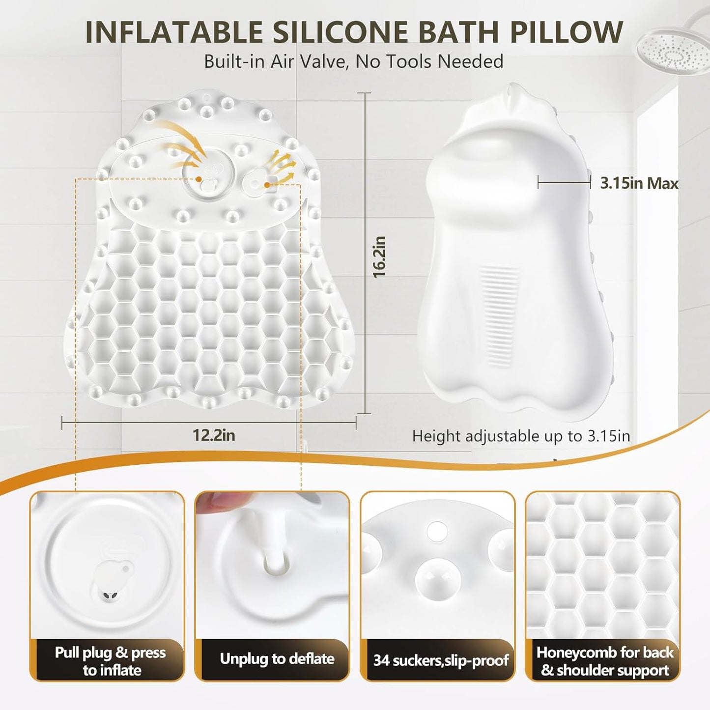 Inflatable Bath Pillow for Tub - Adjustable Firmness Silicone Bathtub Pillow for Spa Neck-Relaxing & Epsom Salt Soaking, Head & Back Reclining Support Cushion, Spa Gifts for Women, Parent, Friends