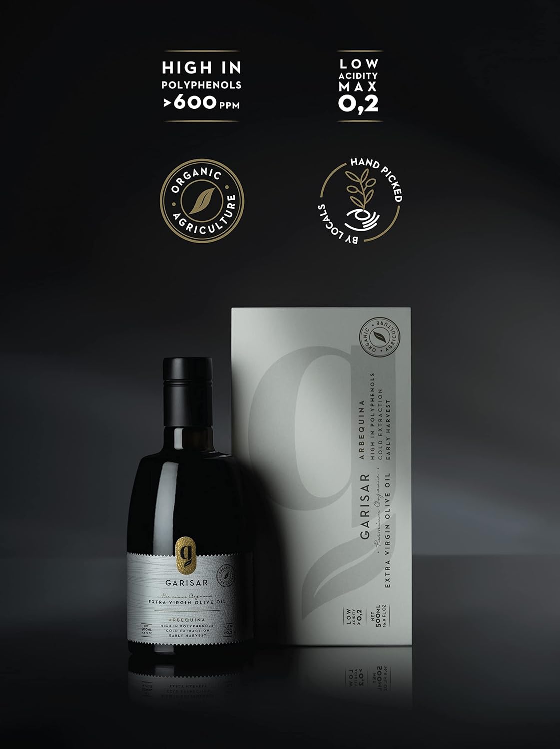 Garisar High In Polyphenol Premium Extra Virgin Olive Oil (>600 ppm), Low Acidity (max 0.2%), NYIOOC 2025 Gold Medal Winner, Organic Agriculture, Hand Picked, Cold Pressed, 100% Arbequina, Pack of 6