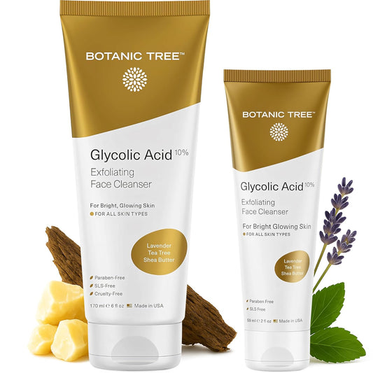 Glycolic Acid Face Wash, Exfoliating Facial Cleanser For Facial Skin Care, Acne Treatment Face Scrub, 10% Glycolic and Salicylic Acid 6 fl. oz - Botanic Tree (Pack of 2 - Buy 1 Get 1 Travel Size)