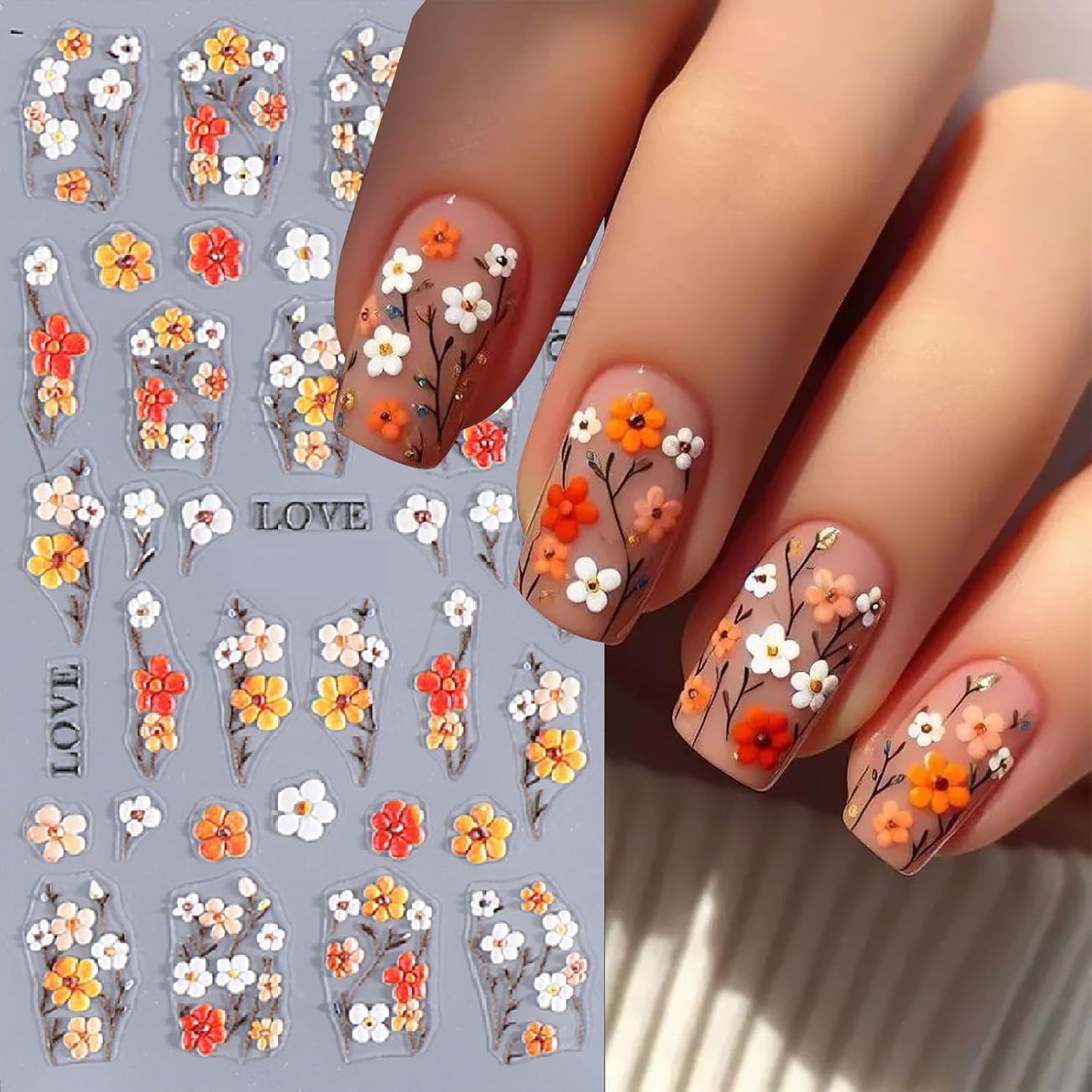 5D Embossed Nail Stickers 3Pcs Summer Colorful Flowers Leaves Nail Stickers for Nail Art Spring Floral Leaf Plant Self-Adhesive Sliders Nails Decals for Women and Girls Manicure Decoration Supplies