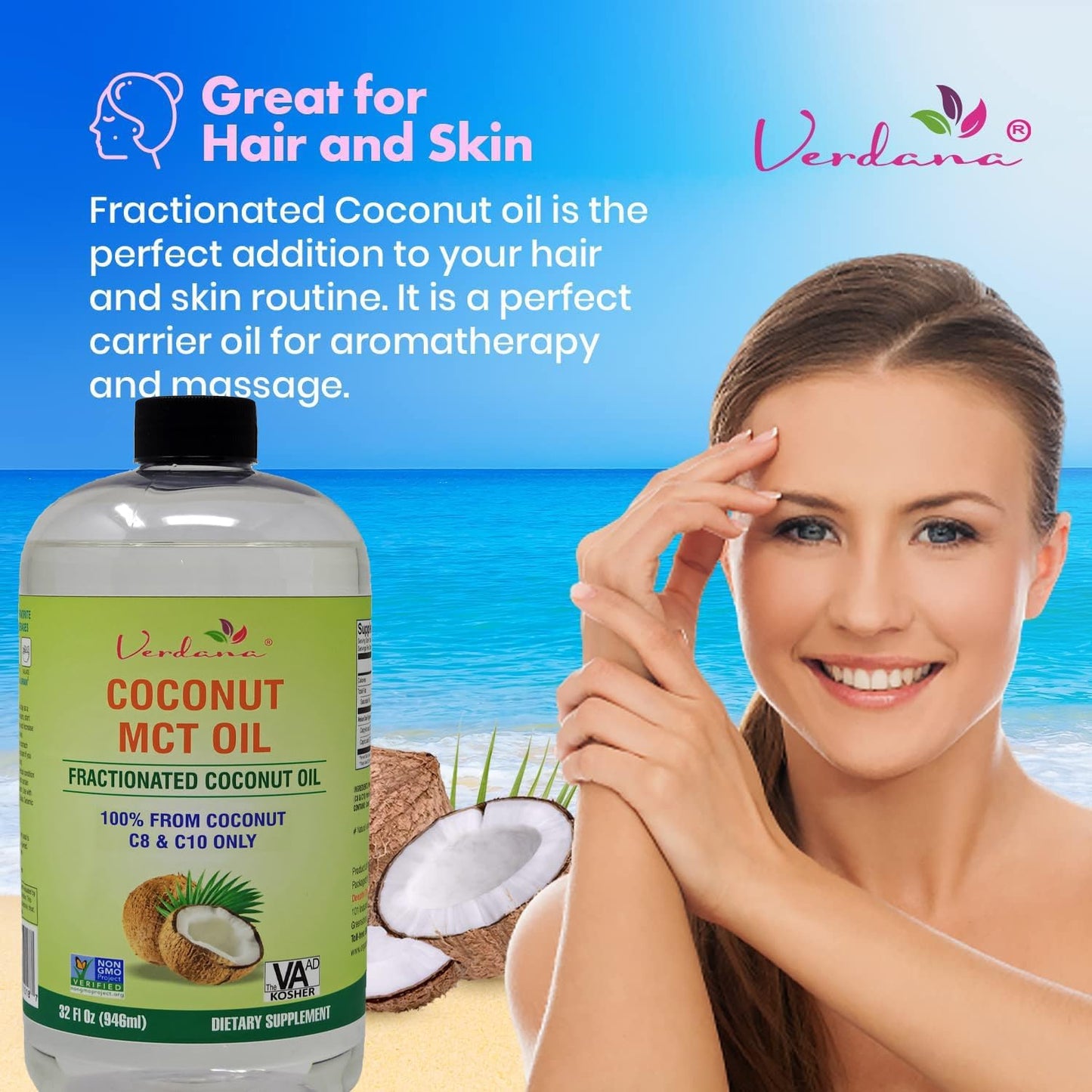 Verdana MCT Oil – 32 Fl Oz Dietary Supplement – 100% Coconut Derived, Fractionated, Food Grade – for Oil Pulling, Keto Coffee, Oral Rinse, Massage & Aromatherapy – Vegan, Non-GMO, Kosher