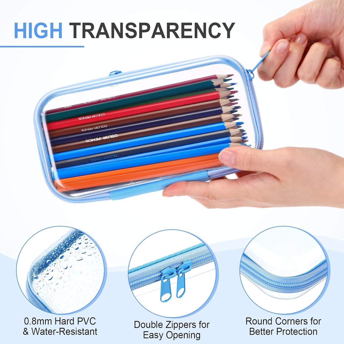 Hoolerry 3 Pcs Clear Hard Zipper Case Plastic Pouch Transparent Hard Case Clear Makeup Bag Portable Travel Organizer Bin for Cosmetics, Building Blocks, Puzzles(Blue,S)