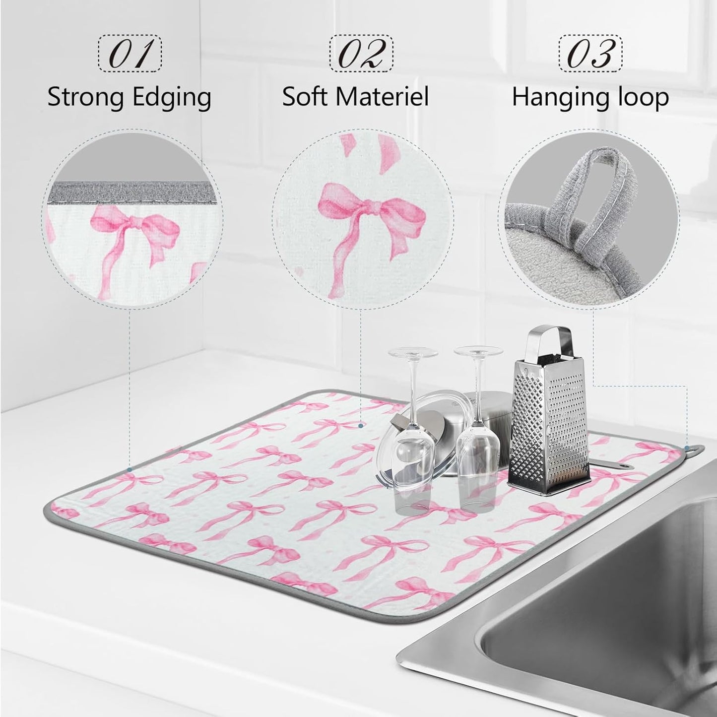 SHIYUE Dish Drying Mat for Kitchen Counter Super Absorbent Spring Kitchen Decor Microfiber Drying Matainers Rack Fast Pad Dish Drainer Mats(Pink Bow,18''x24'')