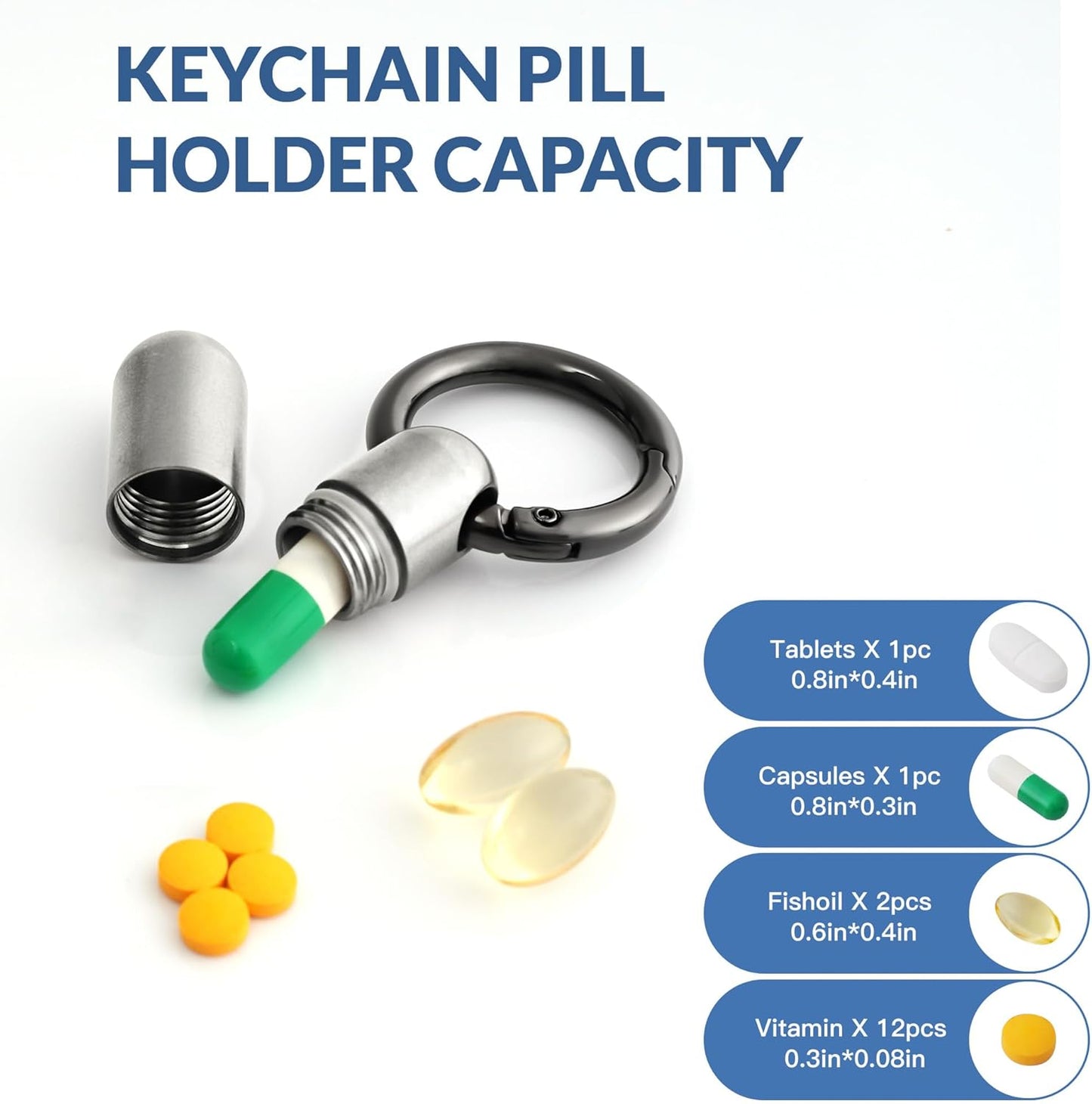 TISKY Small Keychain Pill Holder Titanium,Waterproof Tiny Pill Container with Keyring,Mini Portable Pill Case for Travel,Pill Organizer for Purse Pocket(Silver)