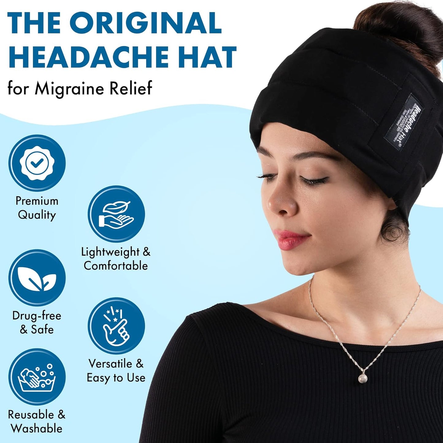 Headache Hat Halo - Migraine Relief Cap Long Lasting Cooling Ice Pack Mask - Cold Compress Head Wrap for Tension, Stress & Hangover Natural Cooling Therapy