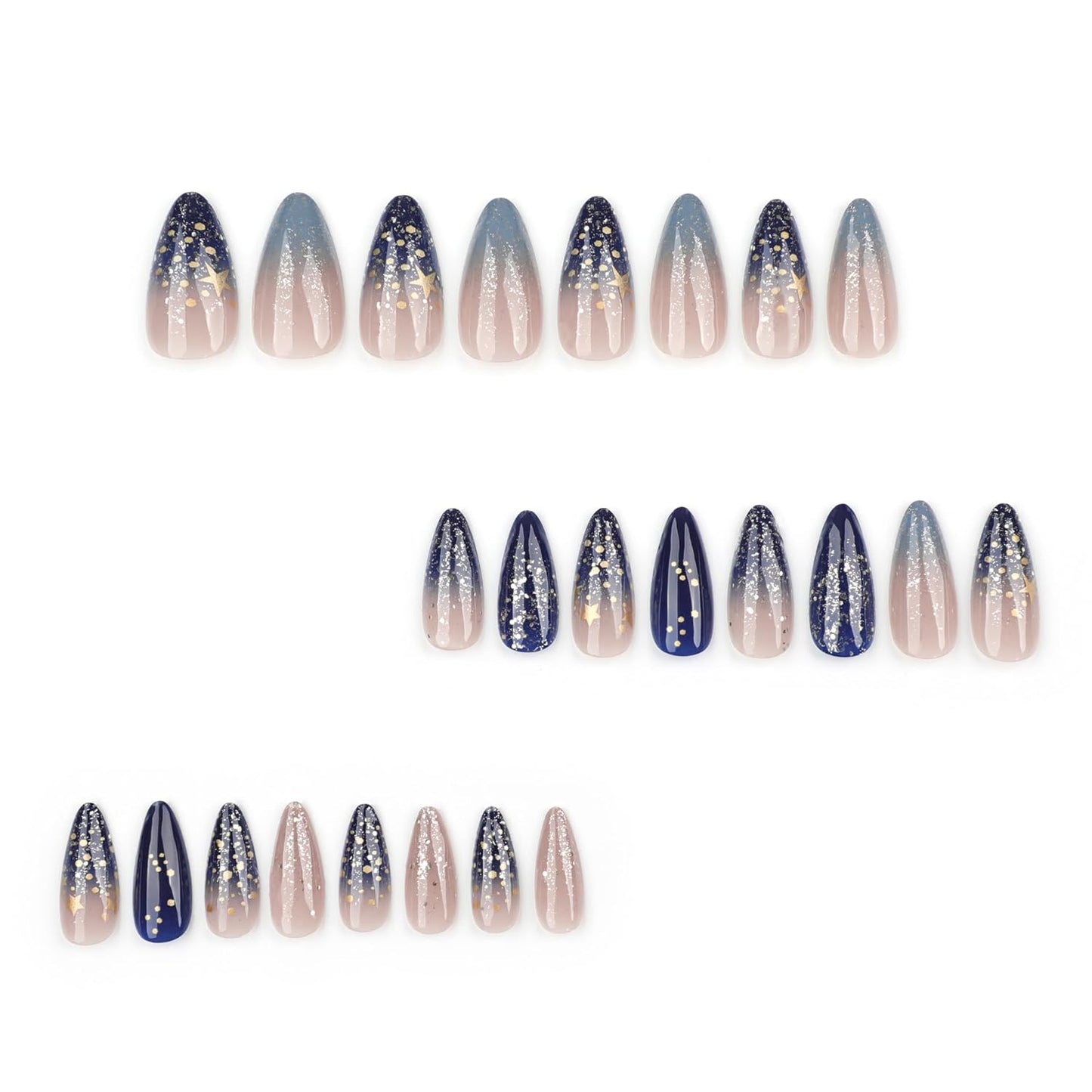Ombre Press On Nails medium, Almond Fake Nails Featuring a Nude-to-Blue Gradient and accented with golden glitte, Glossy Finish Acrylic Nails, Reusable Glue On Nails for Women, 24Pcs, Golden Tide
