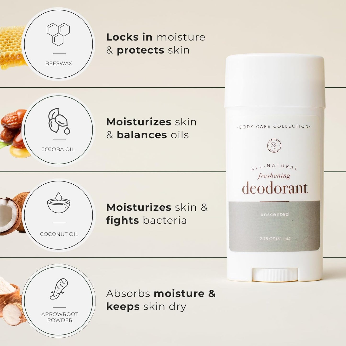 Rowe Casa Organics Unscented Natural Deodorant for Men and Women, Fragrance-Free and Paraben-Free Deodorant Stick with Therapeutic-Grade Essential Oils, 2 oz