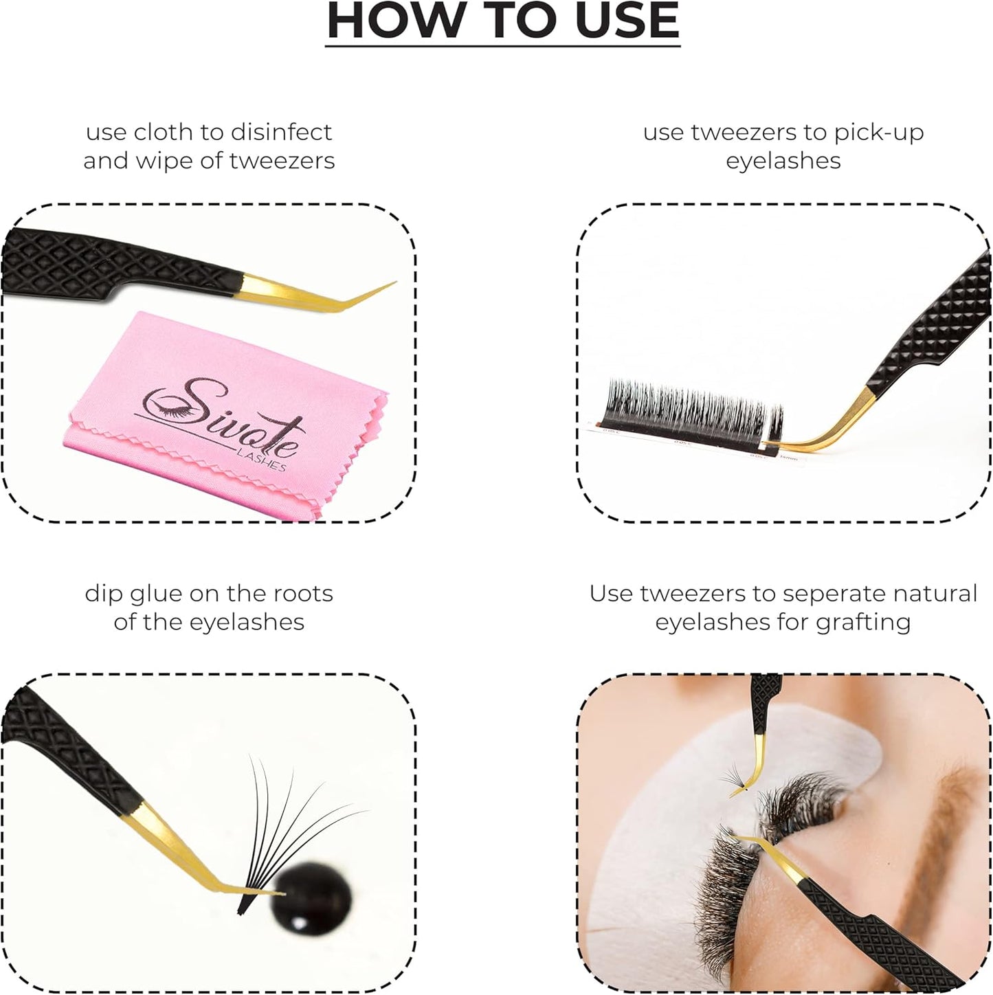 SIVOTE Fiber Tip Lash Tweezers for Eyelash Extensions with Diamond Grip, Black, Set of 4 - Precise Tips Japanese Steel for Classic, Volume & Mega Volume Lashes, Anti-Rust - Ideal for Lash Artists