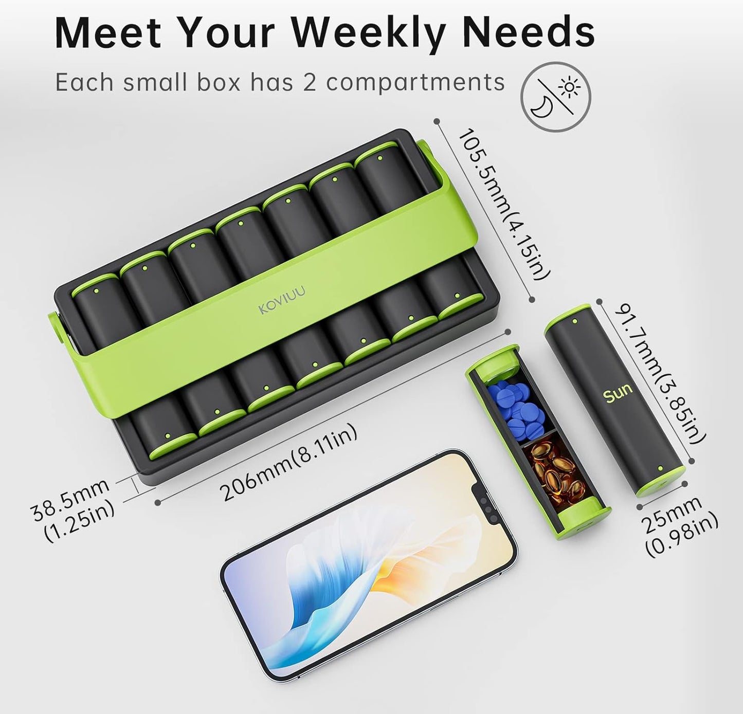 Weekly Pill Organizer 2 Times a Day, KOVIUU Large Travel Pill Box 7 Day, Am Pm Twice Daily Pill Case with Rotatable Handle, Pill Holder Container for Vitamin, Medicine, Supplement, Fish Oil, Green