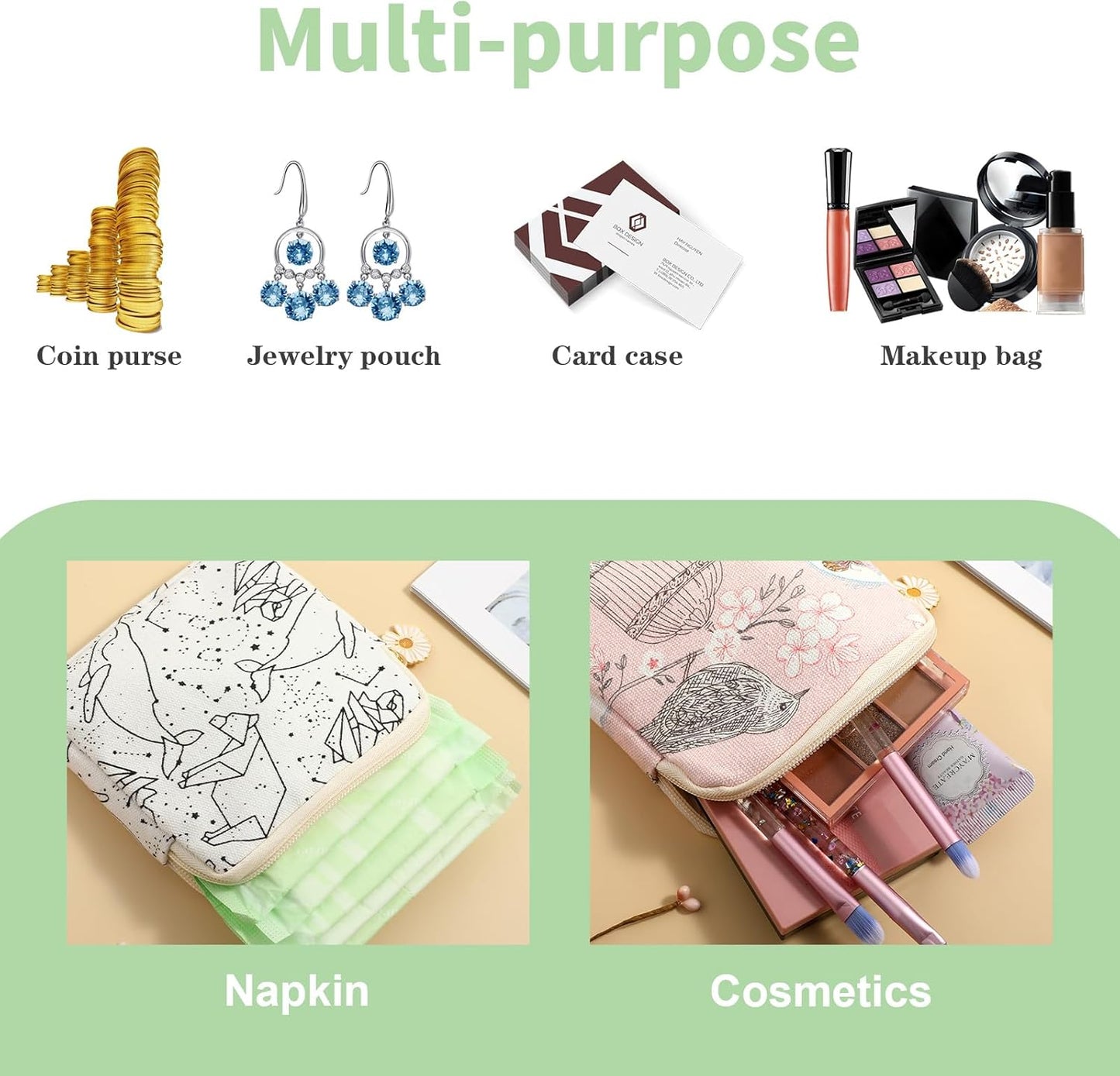 cobee 2PCS Sanitary Pad Storage Bag, Cute Sanitary Napkin Storage Purses Portable Period Bag with Daisy Zipper Panty Liner Tampon Menstrual Cup Nursing Pad Holder Pouch for Girls Women Travel(Bird)