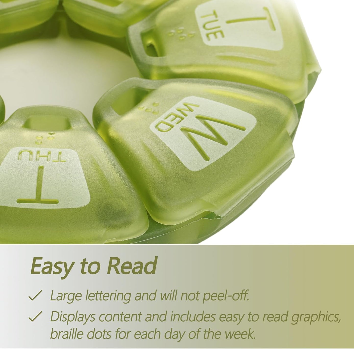 Round Weekly Pill Organizer, TPU Rubberized, Travel Pill Container 7 Day, with 7 Large Compartments, Great for Daily Vitamins & Supplements, Cute Pill Case with Large Letters and Braille (Olive)