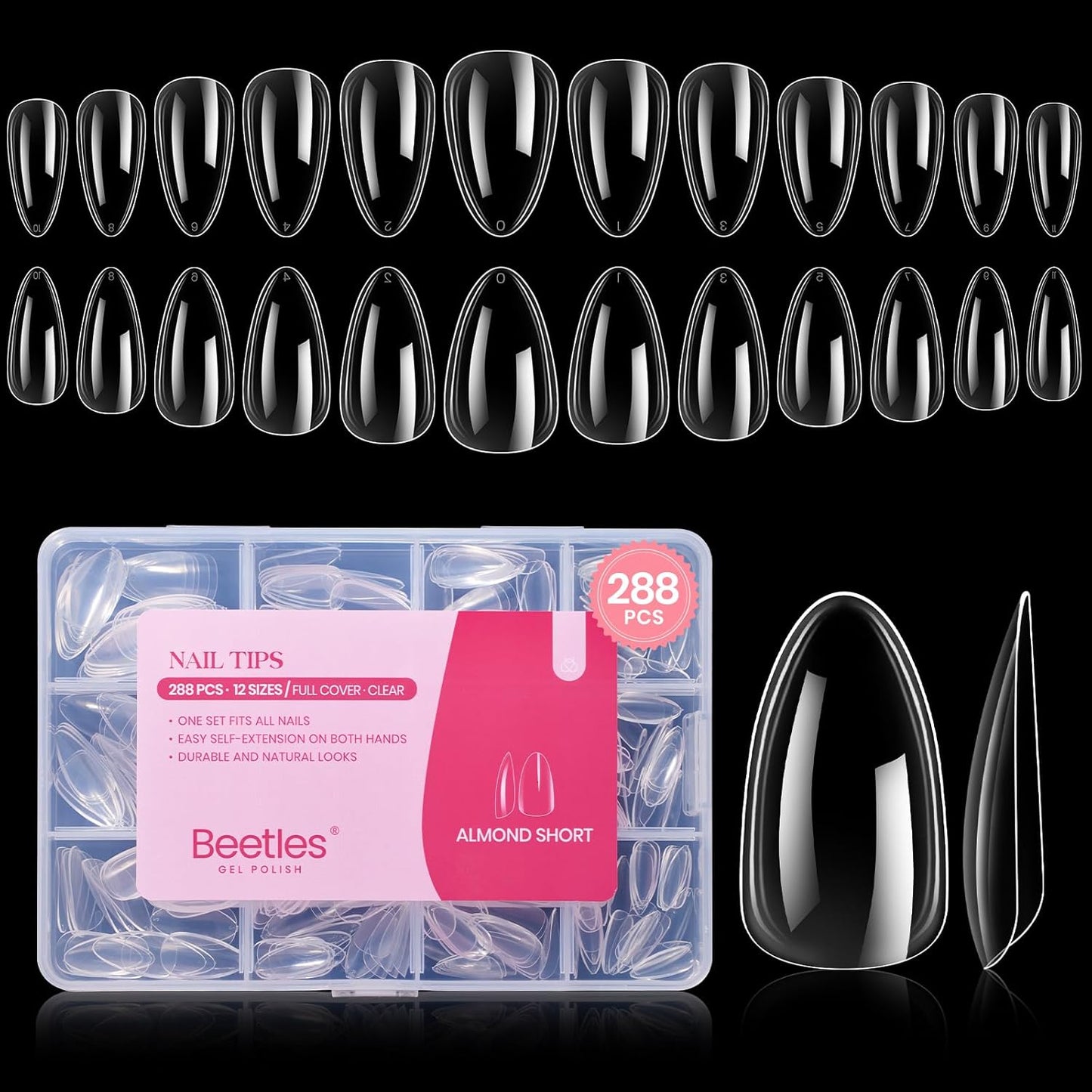 Beetles Gel Short Almond Nail Tips, 288Pcs Pre-Shape Clear Short Almond Gel Press On Nail Fake Nails Easy Nail Extension Full Cover False Nails for Gel Nail Polish Gelly Tips DIY Nail Salon