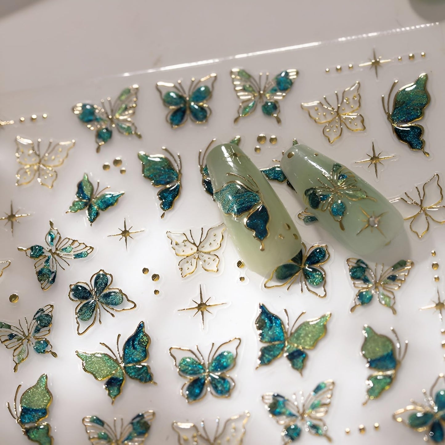 Green Butterfly Nail Stickers for Nail Art 5D Embossed Nail Decals Gold Butterfly Nail Art Stickers Cute Nail Supplies for DIY Manicure Self Adhesive Nails Design for Women