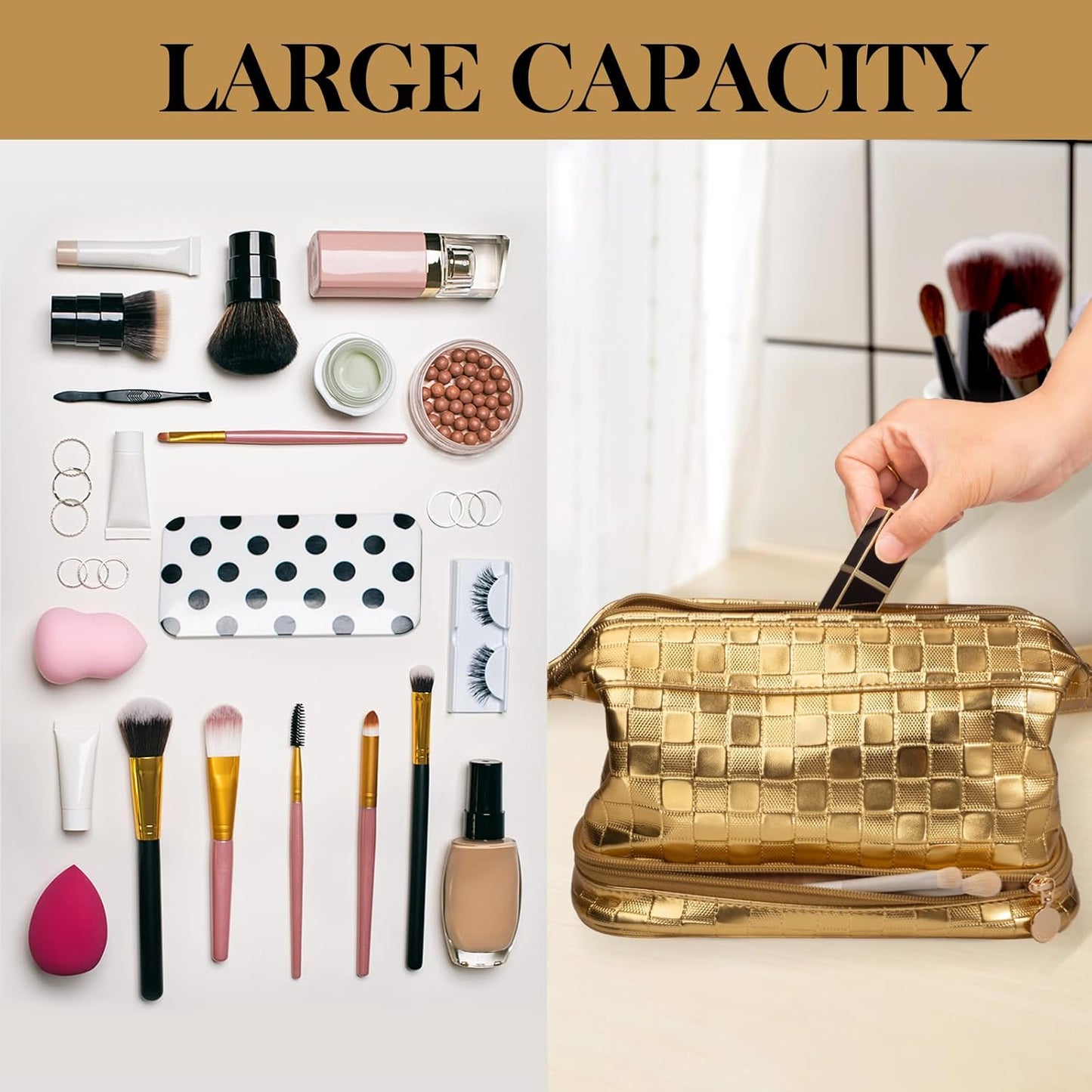Abiudeng Large Capacity Makeup Bag Ladies Cosmetic Bag Travel Bag with Compartments Portable PU Leather Travel Makeup Bag with Handle