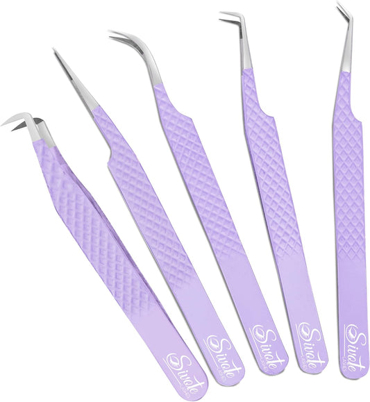 SIVOTE Lash Tweezers for Eyelash Extensions, Pack of 5 Purple – Lash Extension Tweezers Set with Diamond Grip, Precision Fiber Tip for Volume Eyelash Extensions