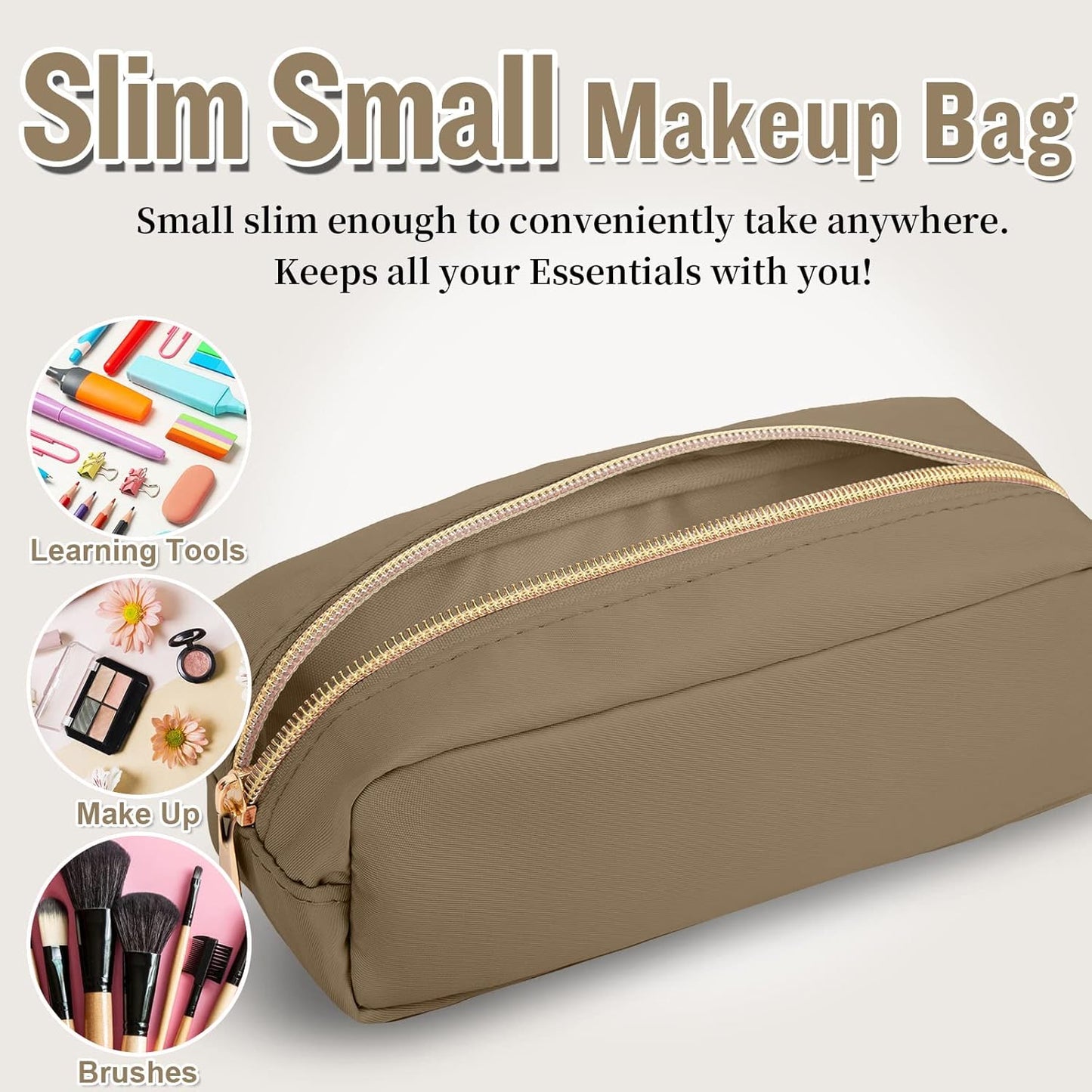 IZUZTA Nylon Slim Makeup Bag, Preppy Cute Makeup Brush Case Bag, Waterproof Travel Toiletry Bag Clutch Coin Pouch Make Up Organizer for Women Girls (Khaki)