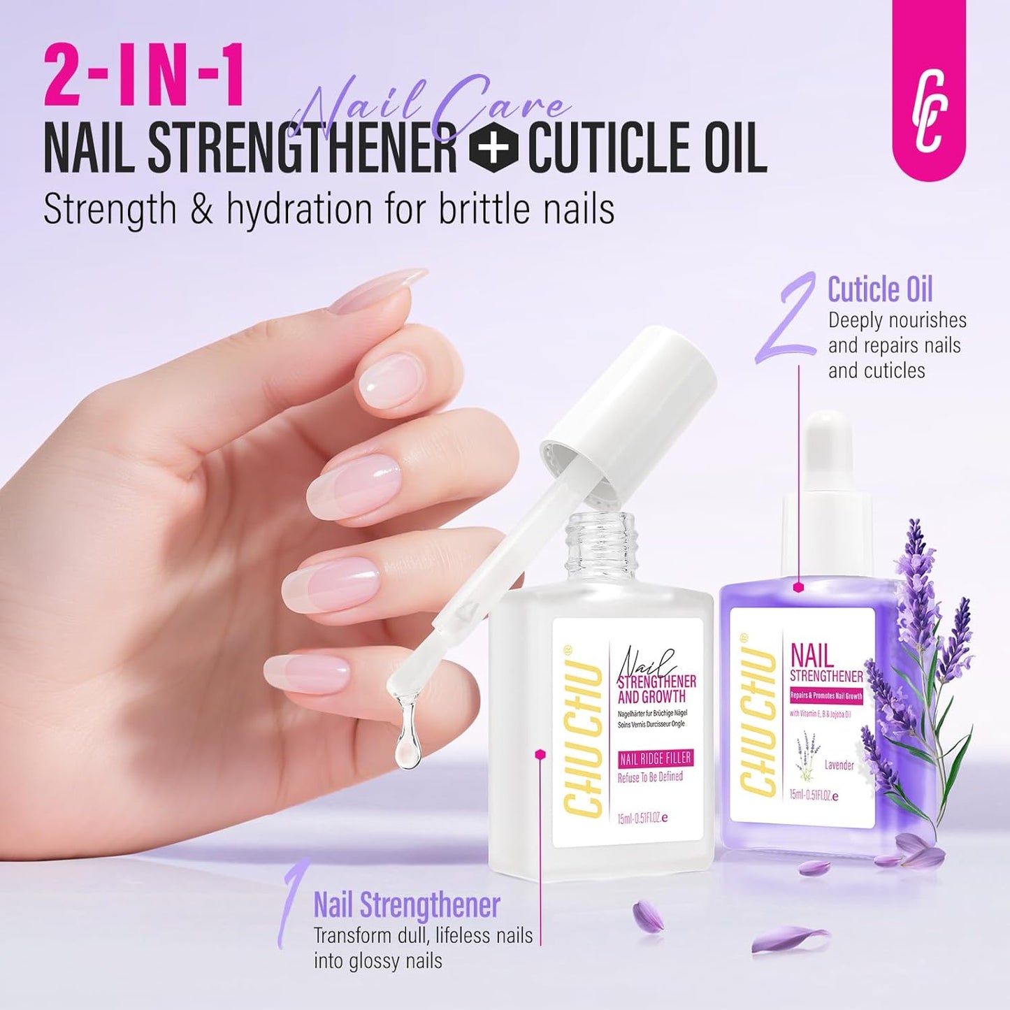 Nail Care Set with Strengthener and Cuticle Oil: Clear Nail Hardener and Lavender Oil - Repair & Growth Treatment for Weak Damaged Nails - for Women Beginners Professionals Home Manicure Travel