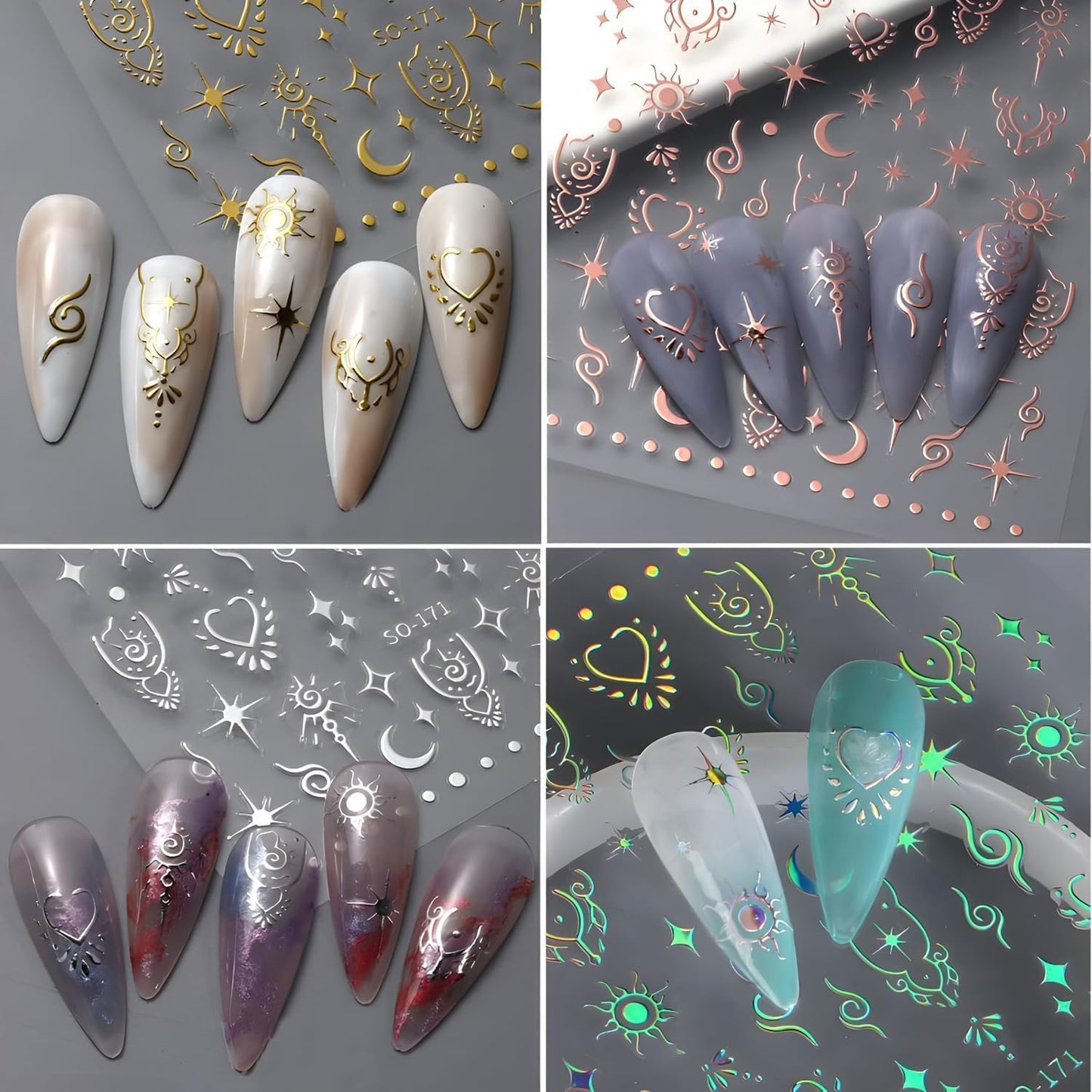 Sun Star 12 Sheet Nail Stickers - 3D Self-Adhesive Decals in Four Colors - Love Heart Nail Art Design Charms for Women & Girls