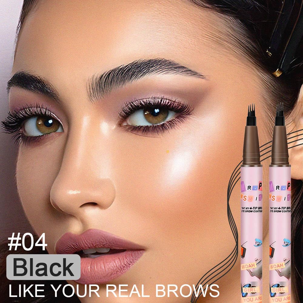 Magic Microblade Eyebrow Pencil, 4 Tipped Precise Eye Brow Contouring Pen, Create Natural Looking Brows Eyebrow Makeup Waterproof (2, 04# 2Pcs Fiber Head-Black)