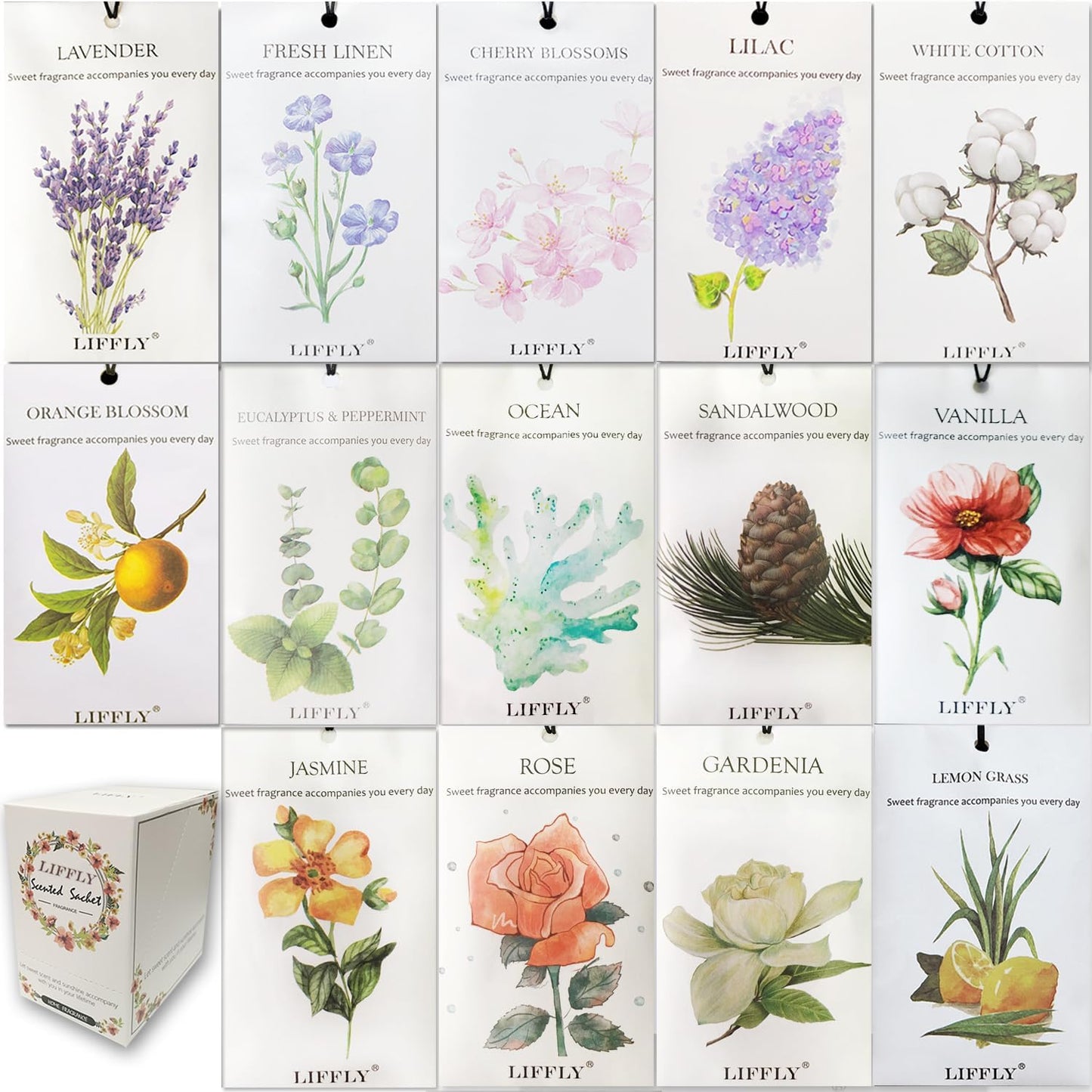 14 Packs Scented Sachets fit Drawers and Closets 14 Different Scent Gift Box